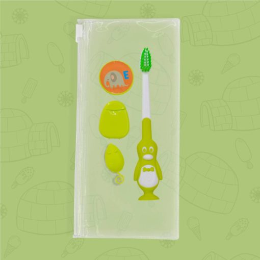 kit odontológico para niños K249 color verde con cepillo dental pingüino